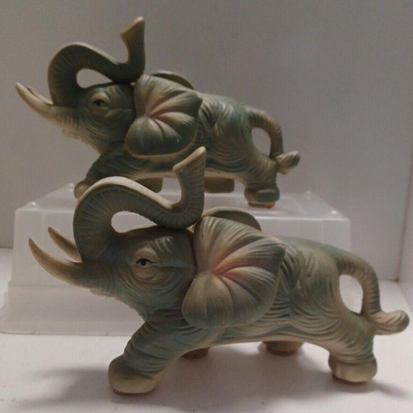 Other - Vintage Pair Of Ceramic Figurine Elephants 10" Textured Trunk Up For Good Luck